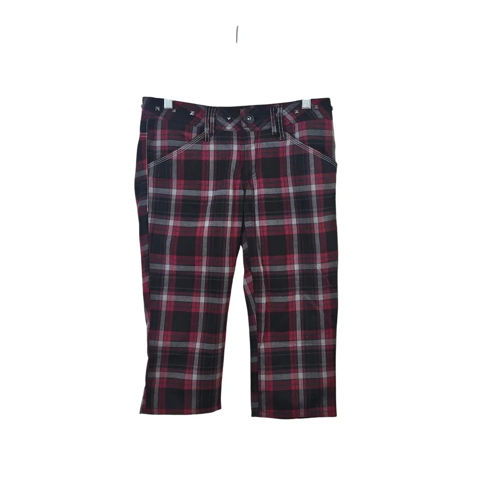 Ghosts & Angels Red Black Plaid Studded Capri Pants Womens Sz 5 Punk Grunge Y2K - Picture 2 of 6